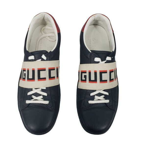 Gucci Mens Ace Stripe Sneakers Black White Stripe Red Heel Designer Low Top Shoe - Picture 2 of 12